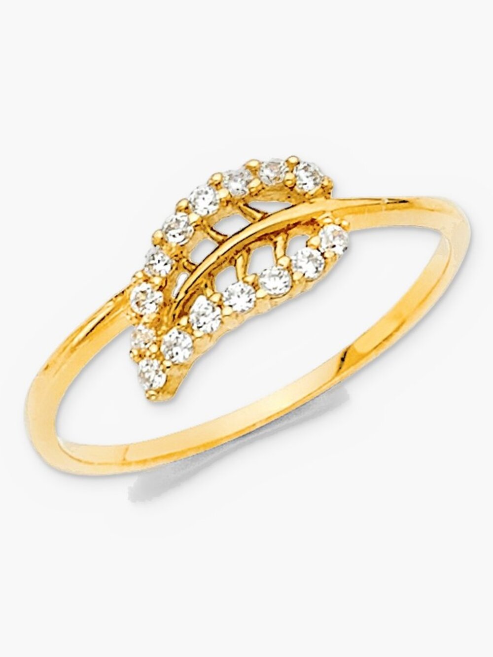 14K Solid Gold CZ Leaf Ring Bypass Leaf Ring Dainty Nature Ring